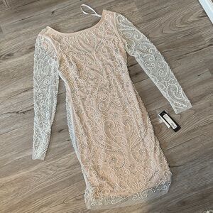 Xscape Blush Beaded Illusion Long Sleeve Sheath Dress